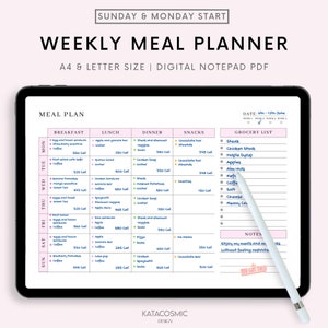 Meal Planner Printable, Weekly Food Diary, Meal Tracker, Food Journal, Menu Plan & Prep, BONUS Grocery List! Diet, Fitness, Health, Pink