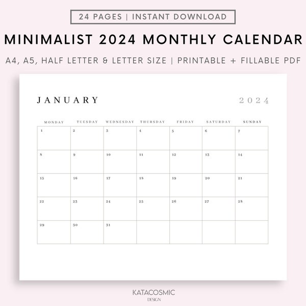 Editable 2024 Monthly Calendar, Back to School, Teacher Calendar, Fill in Calendar, 12 Month Calendar, Blank, Digital Download, PDF