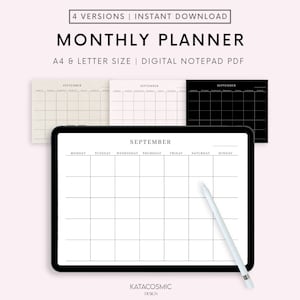 Planificador mensual, Calendario mensual Plantilla de planificador digital sin fecha para Goodnotes Ipad, Horizontal Modo oscuro mensual Imprimible PDF editable