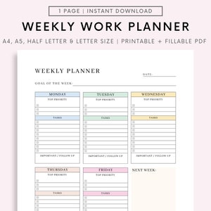 Weekly Work Planner Printable To Do List, Minimalist Weekly Schedule, Week At a Glance, Weekly Organizer, Office Planner, To Do Desk Planner