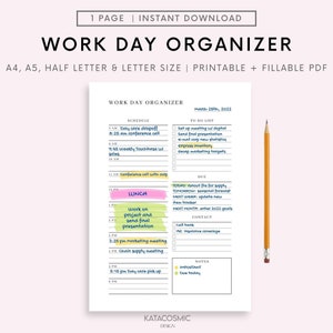 Work Day Organizer,Work Planner,Work Schedule,Daily Organizer,Employee Organizer,Work Tracker,Day Planner,Work day Journal,A4,A5,Us Letter