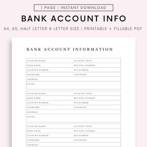 Rastreador de información de cuenta bancaria imprimible, registro de cuenta bancaria, detalles bancarios, A4 / A5 / carta / tamaño medio, descarga instantánea PDF