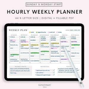 Könnte beinhalten: Ein digitaler Wochenplaner mit einem farbenfrohen Design. Der Planer enthält Abschnitte für Sonntag bis Samstag mit stündlichen Zeitfenstern von 6:00 bis 22:00 Uhr. Der Planer enthält auch Abschnitte für den wöchentlichen Fokus, Prioritäten und Notizen.