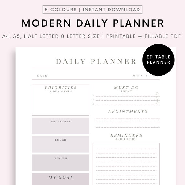 EDITABLE DAILY PLANNER | To Do List | Printable Productivity Day Planner for Work | Work Day Diary Insert | Template | Pdf | Organize