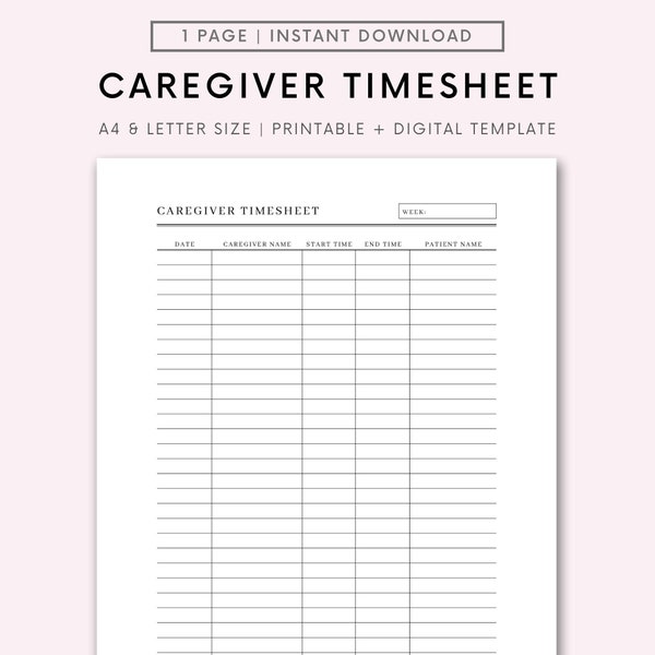 Printable Caregiver Timesheet, Home Health Care Time Sheet, Caregiver Schedule, Caregiver Hours, Home Care Shift, Home Aid Visit Time