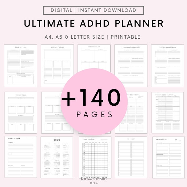 ADHD Planner Adult | Printable ADHD Productivity Journal | Digital Adhd Life Planner | ADHD Journal | Ultimate Adhd Organizer Binder Pdf A5