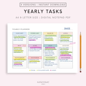 Yearly Tasks Printable Landscape, Yearly To Do List, Minimalist Yearly Planner, 12 Months Overview, A4/A5/Letter/Half, Instant Download PDF