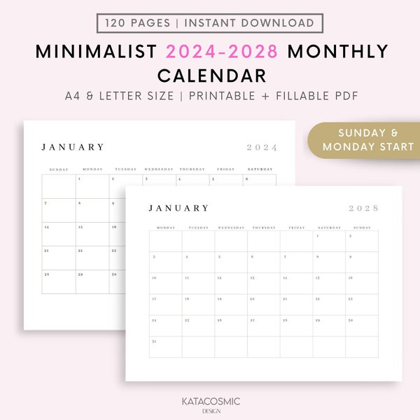 Editable 2024 - 2028  Monthly Calendar, Back to School, Teacher Calendar, Fill in Calendar, 12 Month Calendar, Blank, Digital Download, PDF