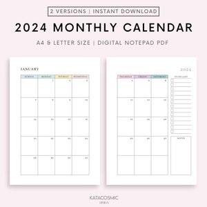 2024 Monthly Calendar Printable, Dated Month on 2 Pages, 2024 Calendar, Month At a Glance, A4/A5/Letter/Half, Instant Download