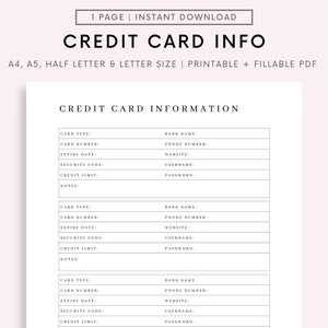 Rastreador de información de tarjeta de crédito imprimible y rellenable, organizador de tarjetas de crédito, registro de tarjeta de crédito, A4 / A5 / carta / tamaño medio, descarga instantánea PDF