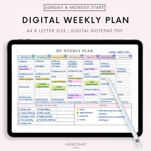 Pode incluir: Um planejador semanal digital com um design colorido. O planejador inclui seções para de segunda a domingo, com espaço para tarefas diárias, compromissos e notas. O planejador também inclui uma lista de tarefas pendentes e uma seção de notas.