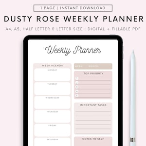 Undatierter wochenplaner, pinker Wochenplaner und To Do List, Digital und Druckbar, To do Listen Vorlage. Planer für ipad goodnotes