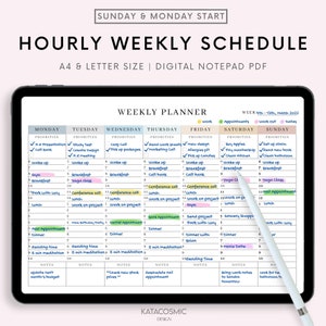 Digital Weekly Schedule for Goodnotes, 24/7 Weekly Timetable, Hourly Agenda, 1 Page Notepad, Fillable Fields Planner PDF, Hourly Weekly