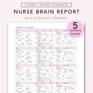 Nurse Report Sheet 5 Patient, Med Surg Report Sheet, Nursing ICU, Nurse Brain Sheet, Multiple Patient Report Sheet, Nursing Handoff, PDF