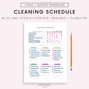 Puede incluir: Lista de tareas de limpieza imprimible con tareas diarias, semanales y de fin de semana. La lista está organizada por día de la semana e incluye tareas como hacer la cama, vaciar la basura, lavar los platos, limpiar la cocina, etc.