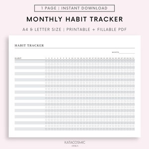 Orizzontale stampabile tracker abitudine mensile, modello tracker abitudine, tracker routine, sfida abitudine di 30 giorni, A4/lettera, download istantaneo