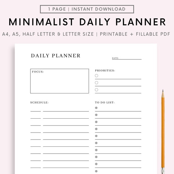 Minimalist Daily Planner Printable, Daily To Do List for Work/Home, Productivity Planner, Undated Planner Inserts, A5/Half Size/A4/Letter