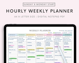 Digital Weekly Schedule for Goodnotes, 24/7 Weekly Timetable, Hourly Agenda, 1 Page Notepad, Fillable Fields Planner PDF, Hourly Weekly