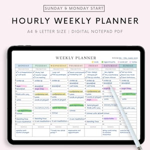 Digital Weekly Schedule for Goodnotes, 24/7 Weekly Timetable, Hourly Agenda, 1 Page Notepad, Fillable Fields Planner PDF, Hourly Weekly