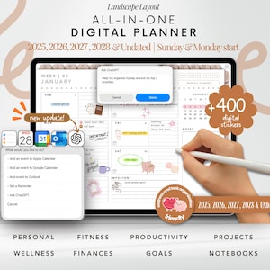 Può includere: Un planner digitale visualizzato su un tablet, con un layout settimanale con date del calendario ed elenchi di attività. Lo schermo mostra il testo "ALL-IN-ONE DIGITAL PLANNER" e "+400 digital stickers". Il testo aggiuntivo include "2025, 2026, 2027, 2028 & Undated".