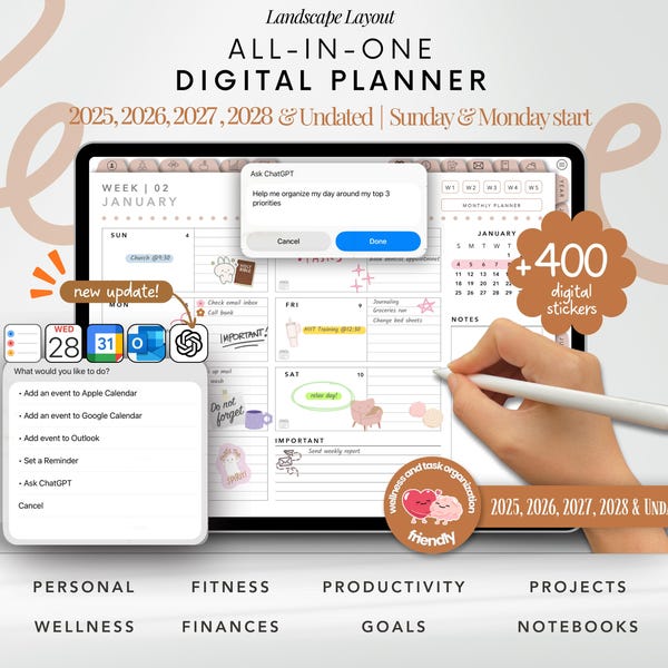 Landscape Digital Planner 2025 2026 2027 2028 & Undated, Goodnotes Planner, Daily Planner, Weekly Planner, Notability Planner, iPad Planner