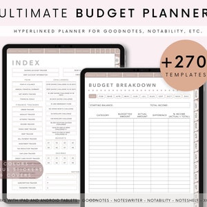 May include: A digital planner for budgeting with over 270 templates. The planner includes sections for savings, income, expenses, and challenges. It is designed for use with Goodnotes, Notability, and other note-taking apps.