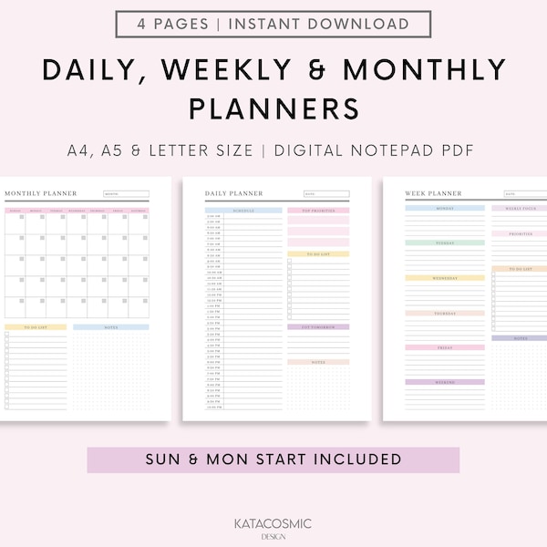 Daily Planner, Weekly Planner, Monthly Planner Printable PACK! Planner Insert Sets, To do List, Productivity, Work Day, Hourly, A4 A5 Letter