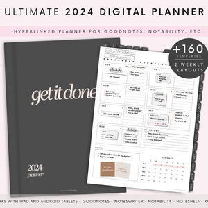 Könnte beinhalten: Ein digitaler Planer für 2024 mit einem grauen Cover und dem Text "get it done" in Rosa. Der Planer enthält über 160 Vorlagen und zwei wöchentliche Layouts. Er ist kompatibel mit Goodnotes, Notability, Noteshelf und Xodo.