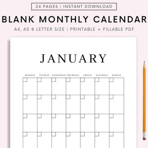 2024 Blank Calendar PDF Printable, Simple Calendar Pages, Monthly Planner, Desk Calendar, Wall Calendar, Minimalist Calendar Template