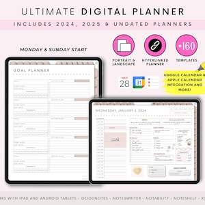 May include: A digital planner app interface featuring a goal planner section and a daily planner section. The goal planner section displays a list of goals with start and due dates, progress bars, and action plans. The daily planner section includes a schedule, a to-do list, and a notes section. The app is compatible with iPad and Android tablets, Goodnotes, Noteswriter, Notability, Noteshelf, and Xodo.