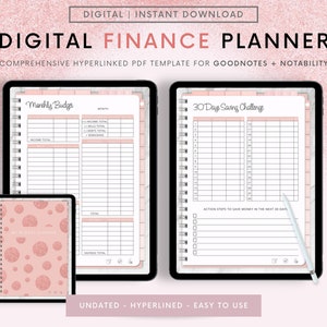Puede incluir: Plantilla de planificador financiero digital con un diseño rosa y blanco. La imagen muestra una tableta con un diseño de presupuesto mensual y un desafío de ahorro de 30 días. El texto incluye "Digital Finance Planner" y "Descarga instantánea".
