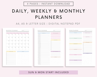 May include: A digital printable set of daily, weekly, and monthly planners in A4, A5, and letter sizes. The planners feature a pastel color scheme and include a to-do list, notes section, and a grid for scheduling. The text "SUN & MON START INCLUDED" is displayed at the bottom of the image.