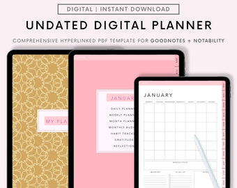 Pink Undated Goodnotes Planner, Monthly Digital Planner, Goodnotes Template, iPad Planner, Digital Bullet Journal Pdf, Goodnotes Stickers