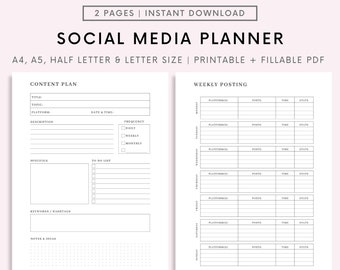 Social Media Planner Printable, Content Planner for Instagram, Youtube, Pinterest, TikTok, Blog, A4/A5/Letter/Half, Instant Download PDF