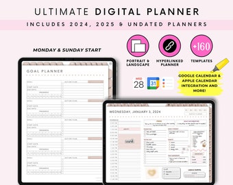 May include: A digital planner app interface with a goal planner section and a daily planner section. The goal planner section has a list of goals with start and due dates, progress bars, and action plans. The daily planner section has a schedule, a to-do list, and a notes section. The app is compatible with iPad and Android tablets, Goodnotes, Noteswriter, Notability, Noteshelf, and Xodo.