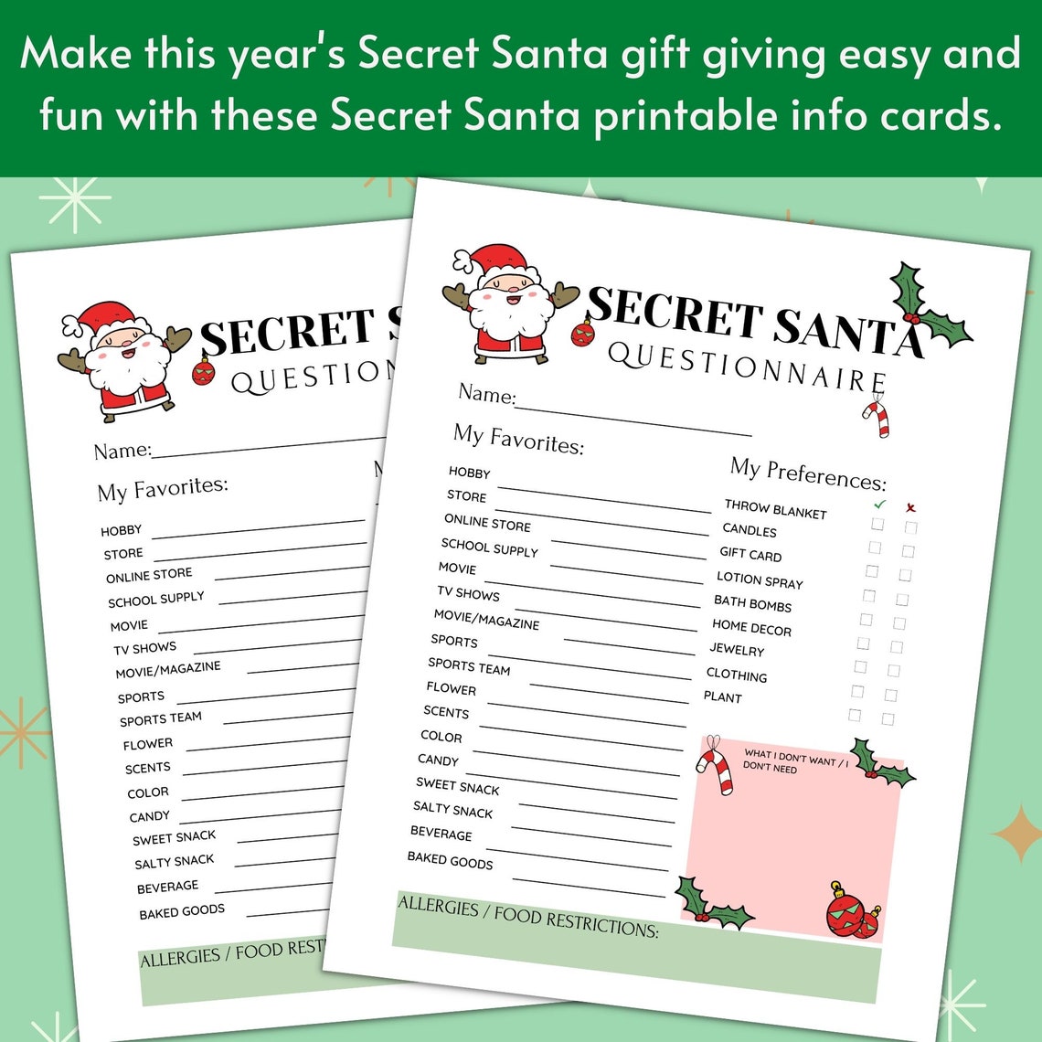 Printable Secret Santa Questionnaire for Christmas Gift Etsy