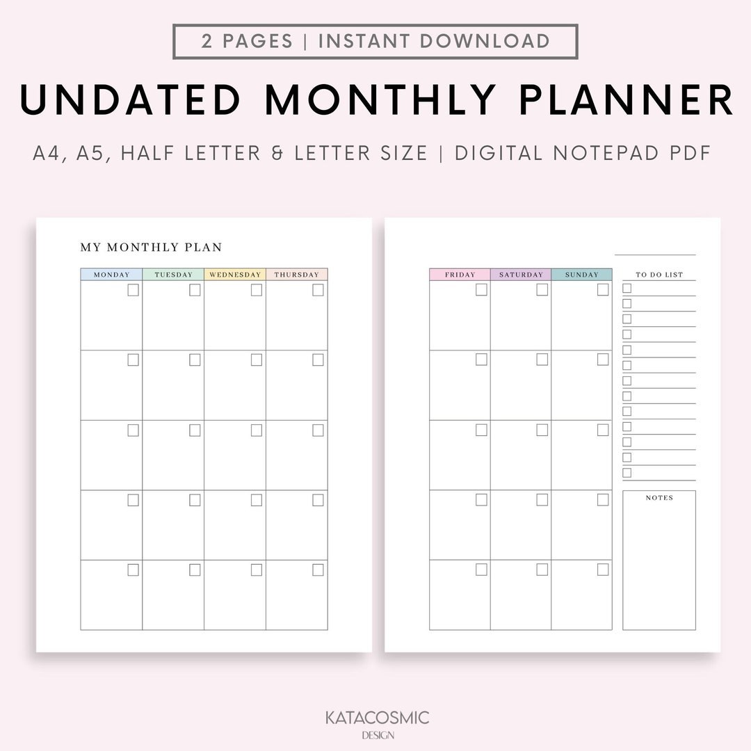 Undated Monthly Planner Printable, Month on Two Pages, Month at a ...
