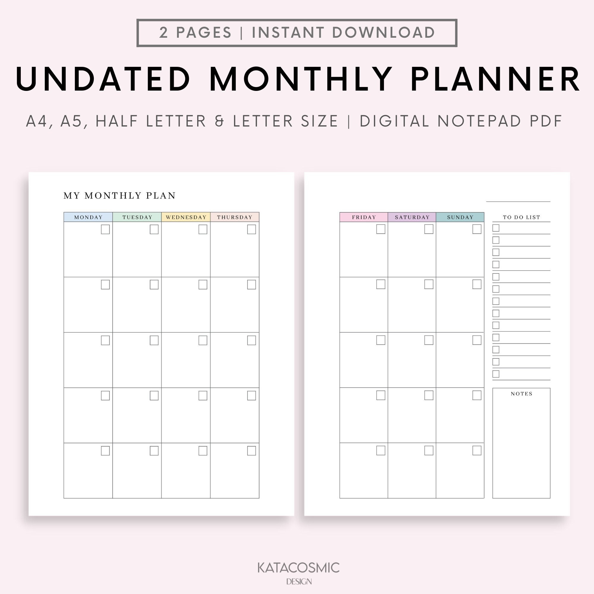 Undated Monthly Planner Printable Month on Two Pages Month - Etsy
