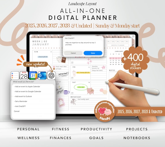 Landscape Digital Planner 2025 2026 2027 2028 & Undated, Goodnotes Planner, Daily Planner, Weekly Planner, Notability Planner, iPad Planner