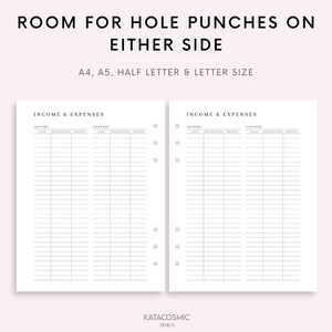 May include: A printable income and expense tracker with columns for date, description, and amount. The tracker is designed for A4, A5, half letter, and letter size paper and has room for hole punches on either side.