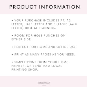 May include: Product information text on a white background with black text. The text describes digital planners in various sizes, including A4, A5, letter, and half letter. It also mentions that the planners have room for hole punches and can be printed as many times as needed.