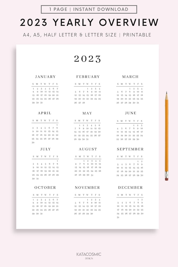 2023 year calendar printable, yearly wall calendar, desk calendar template,  12 month calendar, minimalist calendar, a4/letter, vertical - etsy