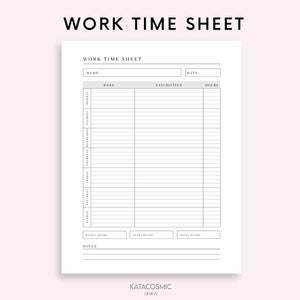 May include: A printable work time sheet template with a simple design. The sheet includes fields for name, date, work, description, hours, weekly hours, extra hours, total hours, and notes.
