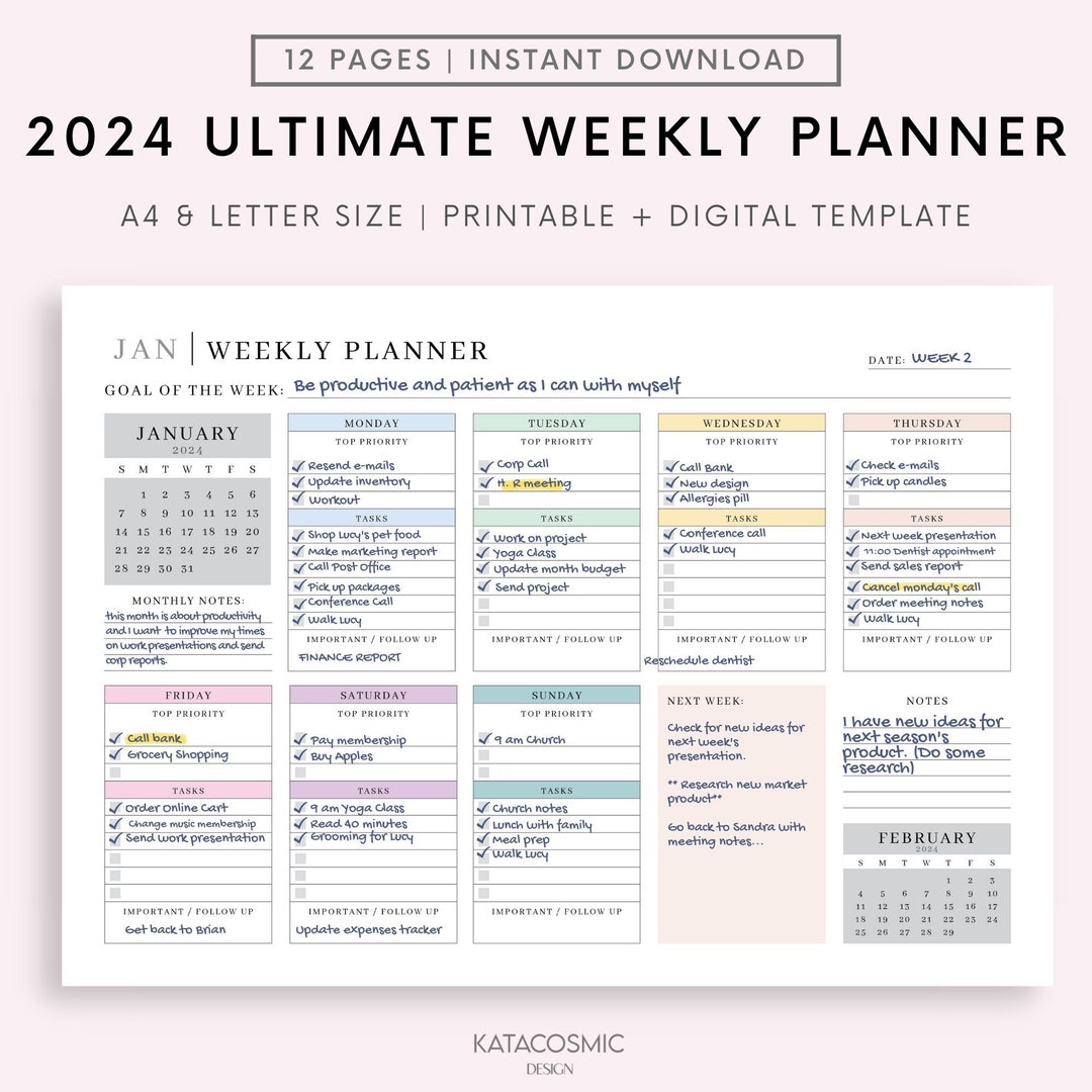 2024 Weekly Planner Printable Landscape, Minimalist Weekly Schedule ...