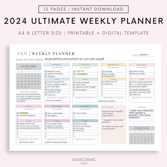 Weekly Planner 2024 2025, Printable Weekly Agenda Template, Weekly Planner  With Calendar, A4, A5, Letter, Half Letter, Happy Planner Size 
