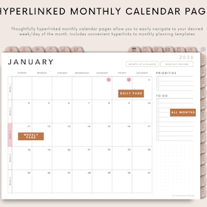 May include: A digital calendar page for January 2026 with hyperlinks. The calendar features a grid layout with dates, days of the week, and sections for priorities and to-do lists. Text includes "HYPERLINKED MONTHLY CALENDAR PAGE" and "WEEKLY PAGE".