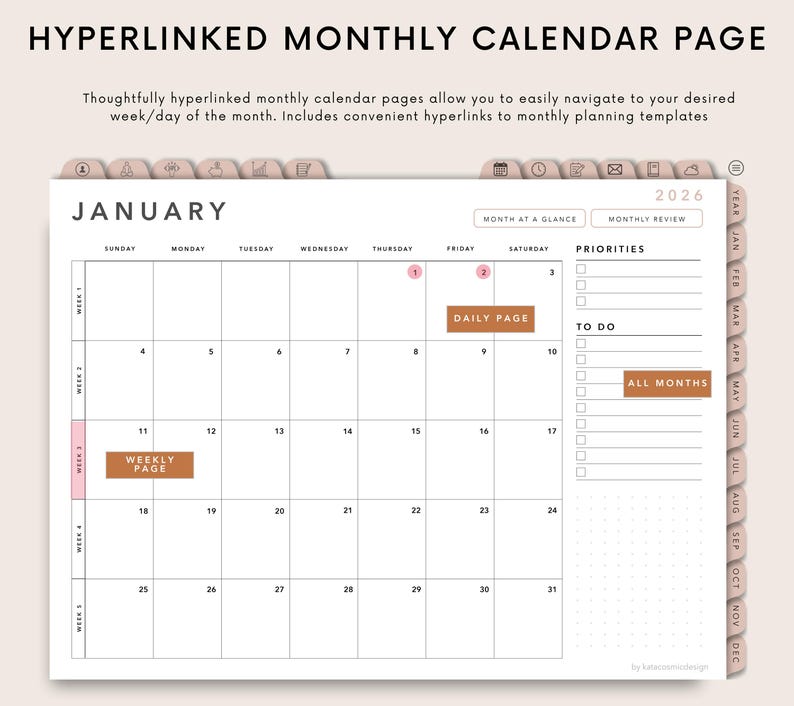 May include: A digital calendar page for January 2026 with hyperlinks. The calendar features a grid layout with dates, days of the week, and sections for priorities and to-do lists. Text includes "HYPERLINKED MONTHLY CALENDAR PAGE" and "WEEKLY PAGE".