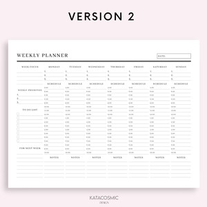 May include: A black and white weekly planner with sections for week focus, weekly priorities, to do list, and for next week. Each section has a column for each day of the week, Monday through Sunday. The planner also includes a section for notes.