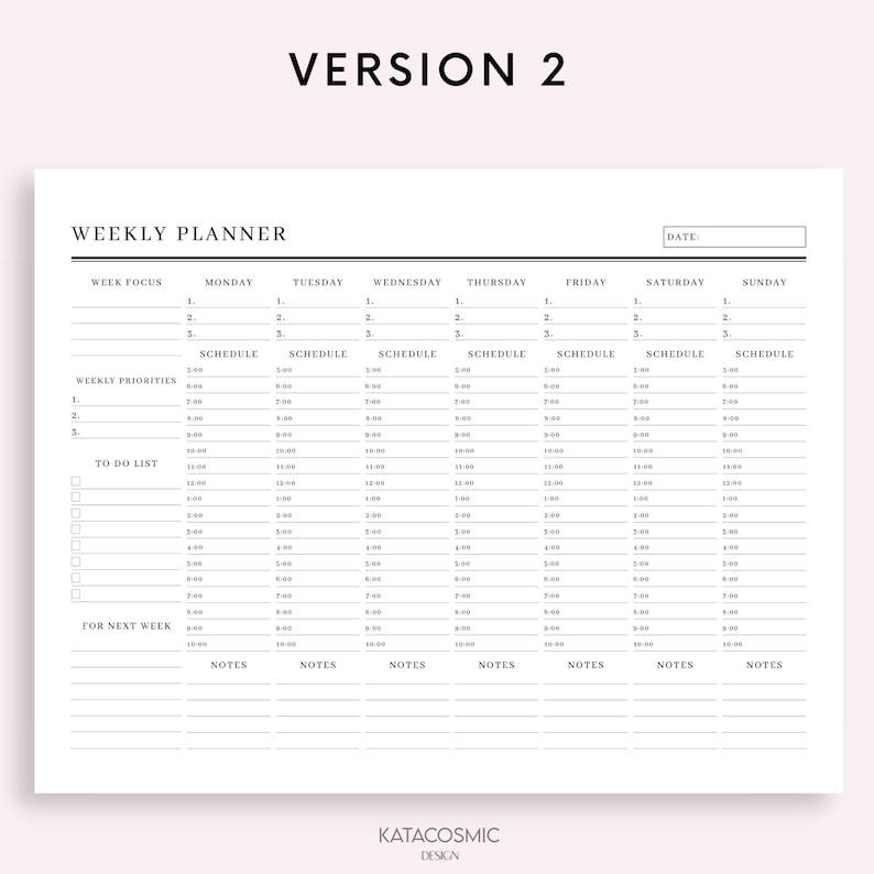 May include: A black and white weekly planner with sections for week focus, weekly priorities, to do list, and for next week. Each section has a column for each day of the week, Monday through Sunday. The planner also includes a section for notes.