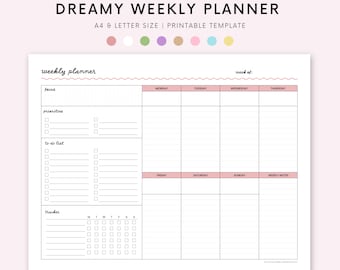 Dreamy Weekly Planner Printable Landscape, Minimalist Weekly Schedule, Week At a Glance, Weekly Organizer, Office Planner To Do Desk Planner